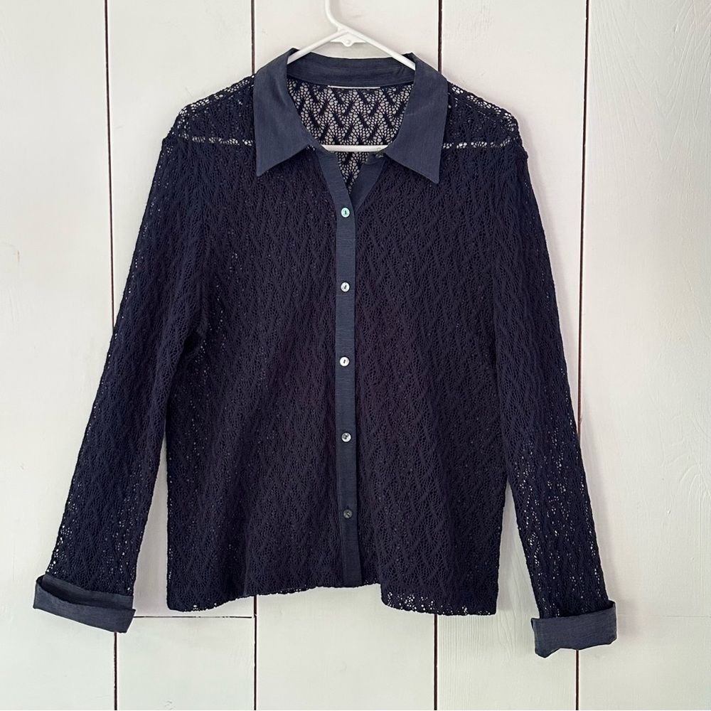VTG Lace Collared Button-Up Top Sz M Navy Vamp Romantic Goth